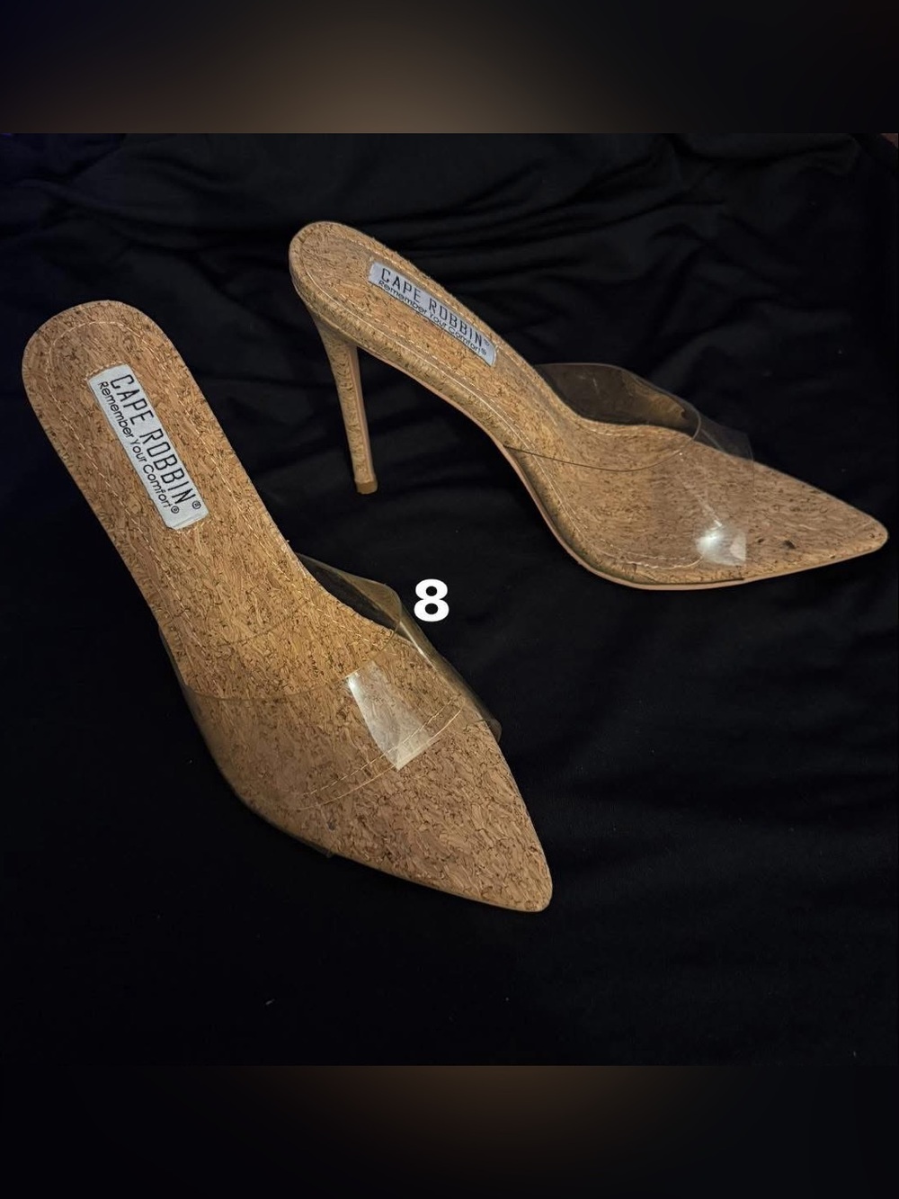Cape Robbin Cork-Textured Pointed Mule Heels with Clear Strap - Brown